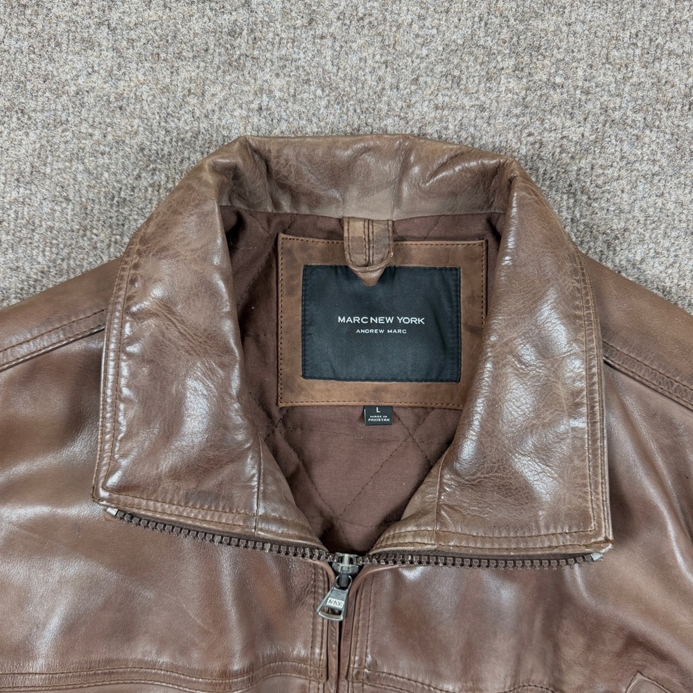 VTG Marc New York Brown Genuine Leather Harrington Jacket Men’s L Full Zip Coat - Picture 4 of 16